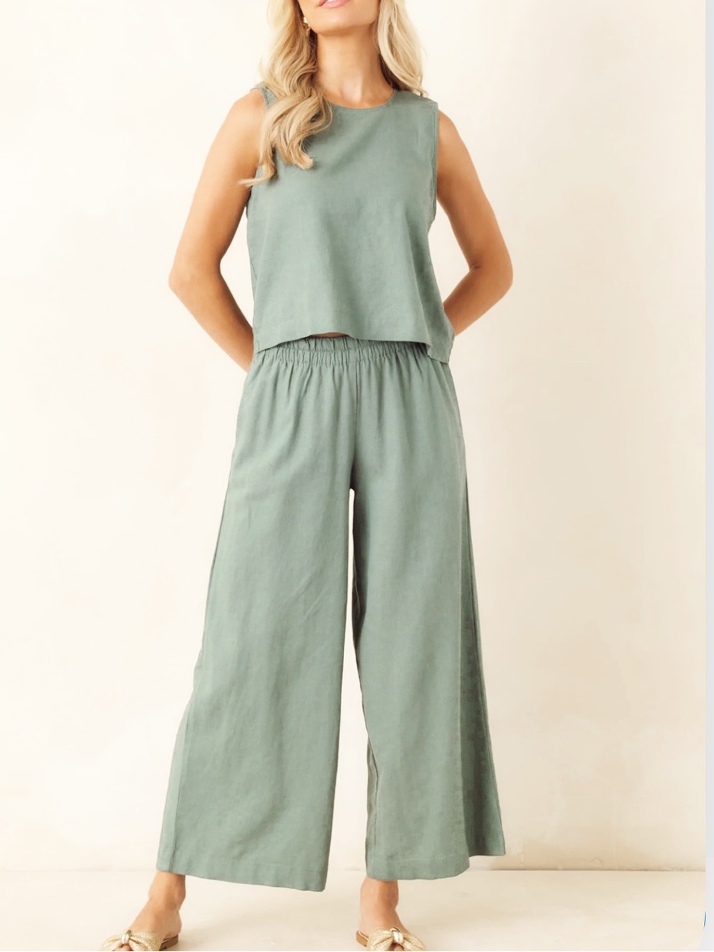 Relaxed Wide-Leg Linen Blend Set — Sage Green